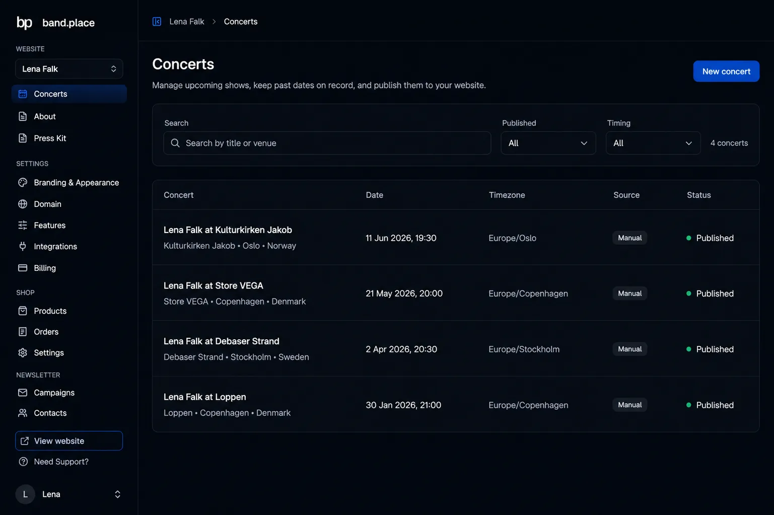Concerts dashboard preview