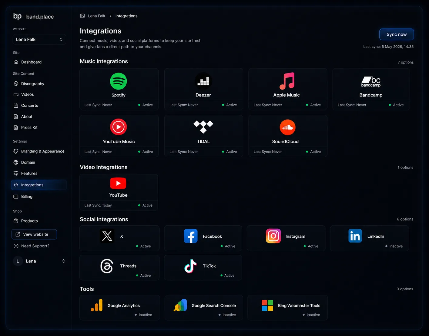 Integrations dashboard preview