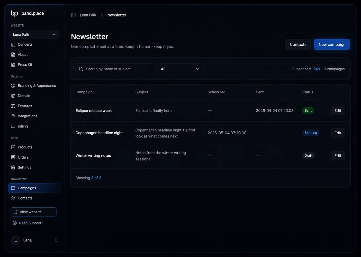 Newsletter dashboard preview