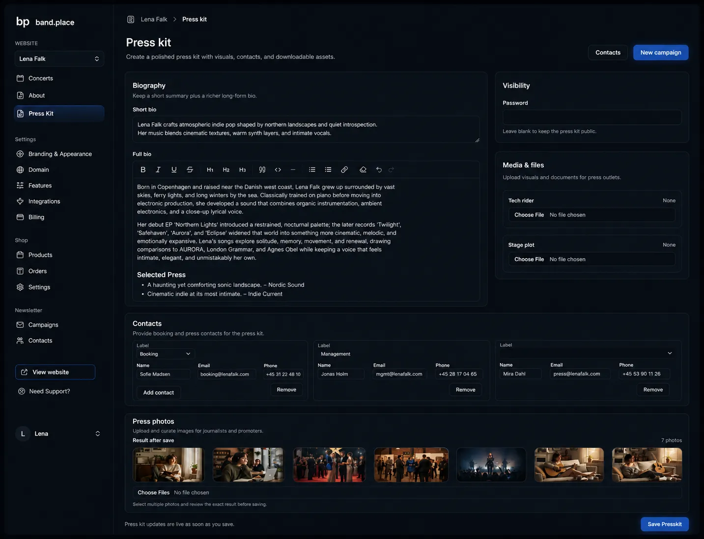 Press Kit dashboard preview