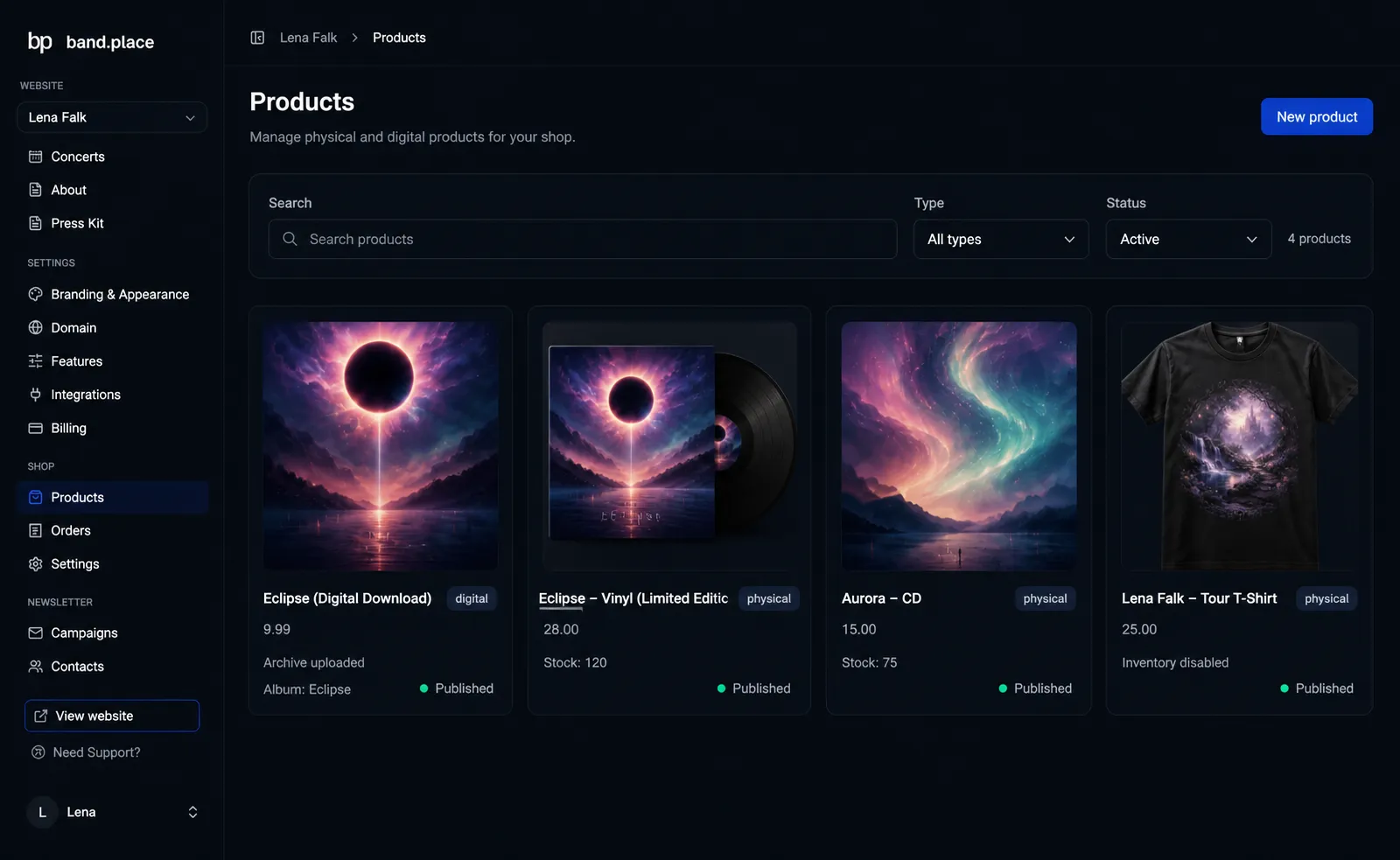 Shop dashboard preview